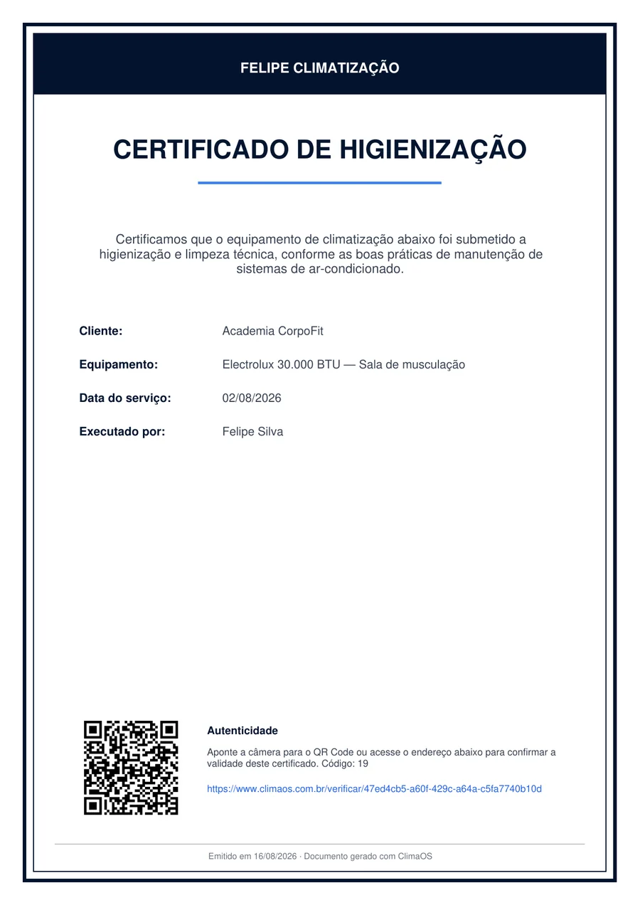 Certificado de higienização gerado pelo ClimaOS, com cliente, equipamento, data, responsável e um QR Code de verificação
