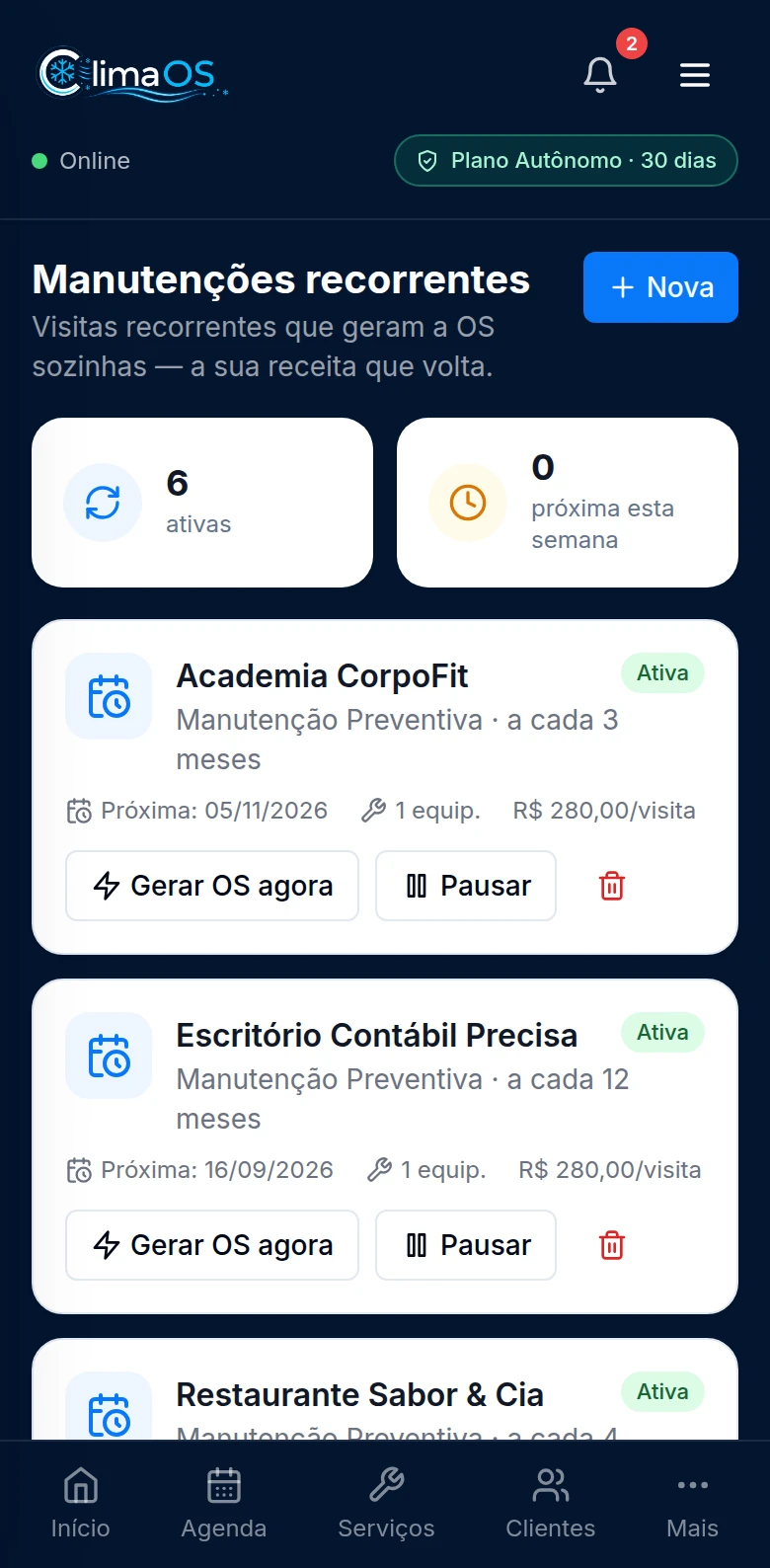 Manutenções recorrentes do ClimaOS: contrato ativo com periodicidade, data da próxima visita e o botão de gerar a ordem de serviço